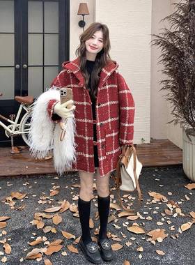 红色格子羽厚绒服呢大衣女秋冬新款韩系流行帽加毛呢连c09-772外