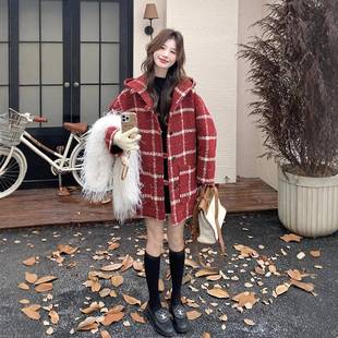 红色格子羽厚绒服呢大衣女秋冬新款 772外 韩系流行帽加毛呢连c09