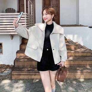 短毛款 韩系时尚 毛呢 281双羊大衣女秋冬面新款 米白翻色针织领C015