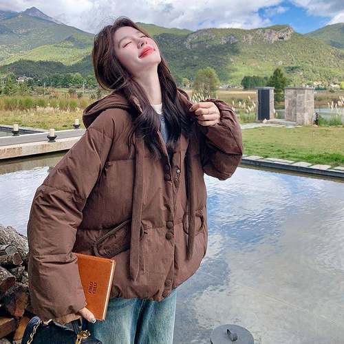 咖色连帽轻薄短款白鸭绒羽绒服女新款小D115-C78加个子龄减厚学冬