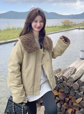 卡其色羊龄羔毛翻领派克服款女冬b159-551季暖新加厚保减气质短款