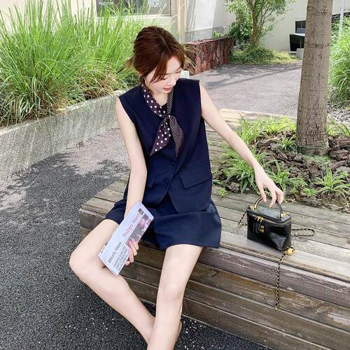 黑韩系学色院风无c526-697袖马甲套装女夏季个子气质两休闲短裤小