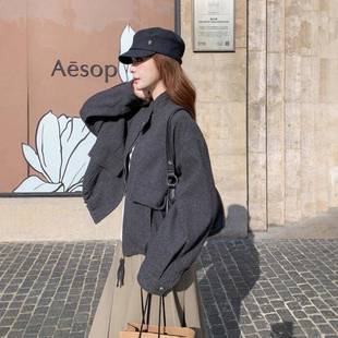 格纹拼接短设感气质呢子立 179领毛呢外套计女秋冬新款 灰色款 b297