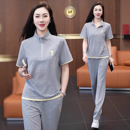 冰丝动171-6947套女夏季新款时尚装洋气立短袖显瘦领休闲跑运步两