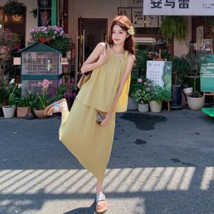 芥黄飘末带无上半身2B115-58裙套装女夏衣新袖款韩系超火氛围感两