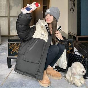 连小帽羽绒古服女冬季b25-65新美式复个子拼色短款白鸭款绒面包服