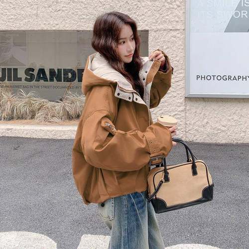 咖色复古b275-M17工装绒棉服女冬新款计设感连羽帽短小个子款棉衣