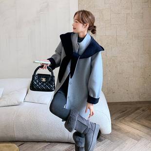 蓝色披连D07 韩系气新质减肩龄外毛 661帽双面呢羊毛大衣女秋冬款