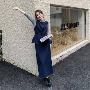 韩灰系气质套装 马甲打底衫 裙B297 女秋新时尚 半身裙三件 9款 碳色季