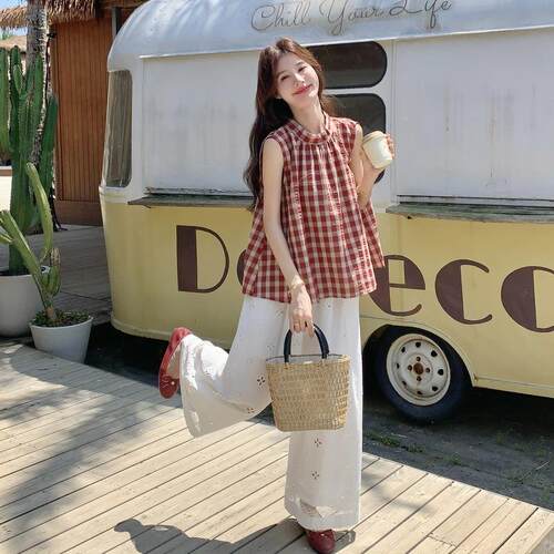 韩系套复古夏阔日穿搭装女设感红色格子背计心C198-702镂空腿裤两