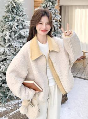 黄色两小气面C012-856穿皮毛一仿体羊羔毛外套女冬个子洋减龄翻领