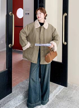 军韩绿色复古工2B187-A装羽绒绒女短款冬季新款版羊羔毛翻领服外