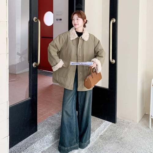 军韩绿色复古工2B187-A装羽绒绒女短款冬季新款版羊羔毛翻领服外