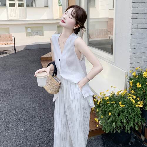 法式件老风休闲套d055-605装女夏季新款约简领马甲条纹钱阔腿裤两