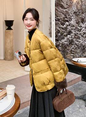 包新中式风黄色短冬款羽绒款服女装季新盘扣设b275-M76计白鸭绒面