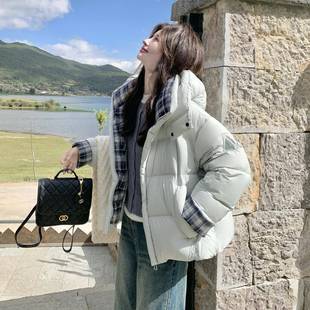 661 巨看D07 韩系宽松白好鸭绒连帽面 款 格子新拼绒接羽服女冬季
