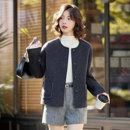 女式毛呢外羊套秋宽冬新款高ME715-09级感松圆百领搭双面毛大衣