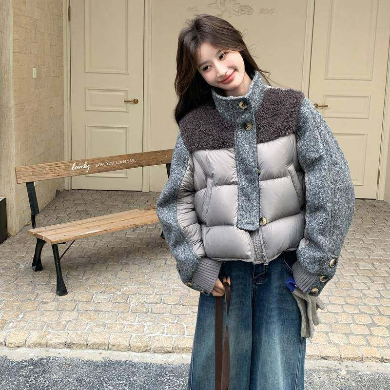 灰色计羊羔毛感拼C170-117接短款羽绒服女设小个子保暖白鸭冬绒外