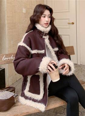 酱紫色皮毛一体立领羊羔毛外套女C118-M86冬高保级仿感暖加厚棉装