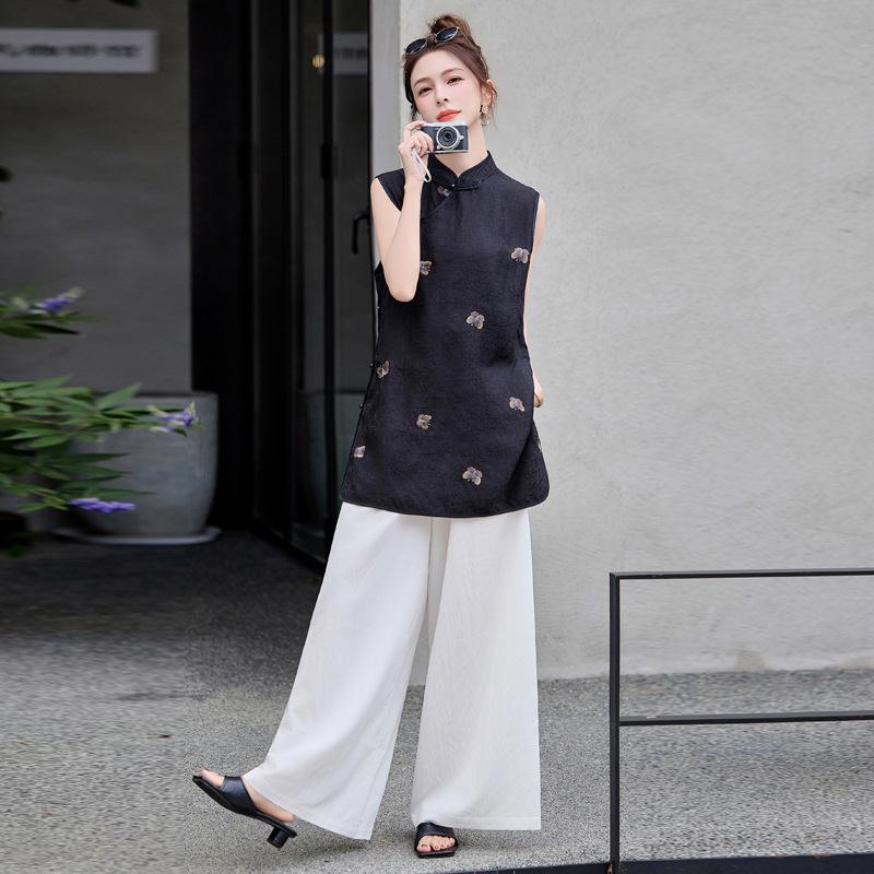 新中式国风套装女夏新气质老ZMAN8250提钱款风复古花马甲阔裤两件
