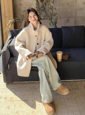 白色软糯仿皮毛一体暖领羊羔2B071-50米毛外套女冬保减立龄毛茸茸