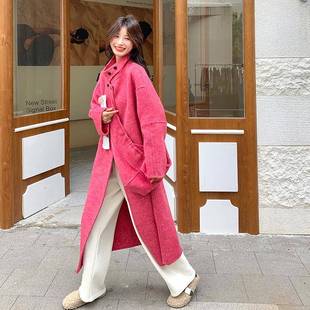 908羊级感毛 过膝高b102 火龙果色巨看绒双面呢大衣女冬新款 长秋款