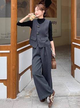 灰色老钱风女毛呢装冬季b11-C6新款韩今年流套行马甲版阔腿裤三件