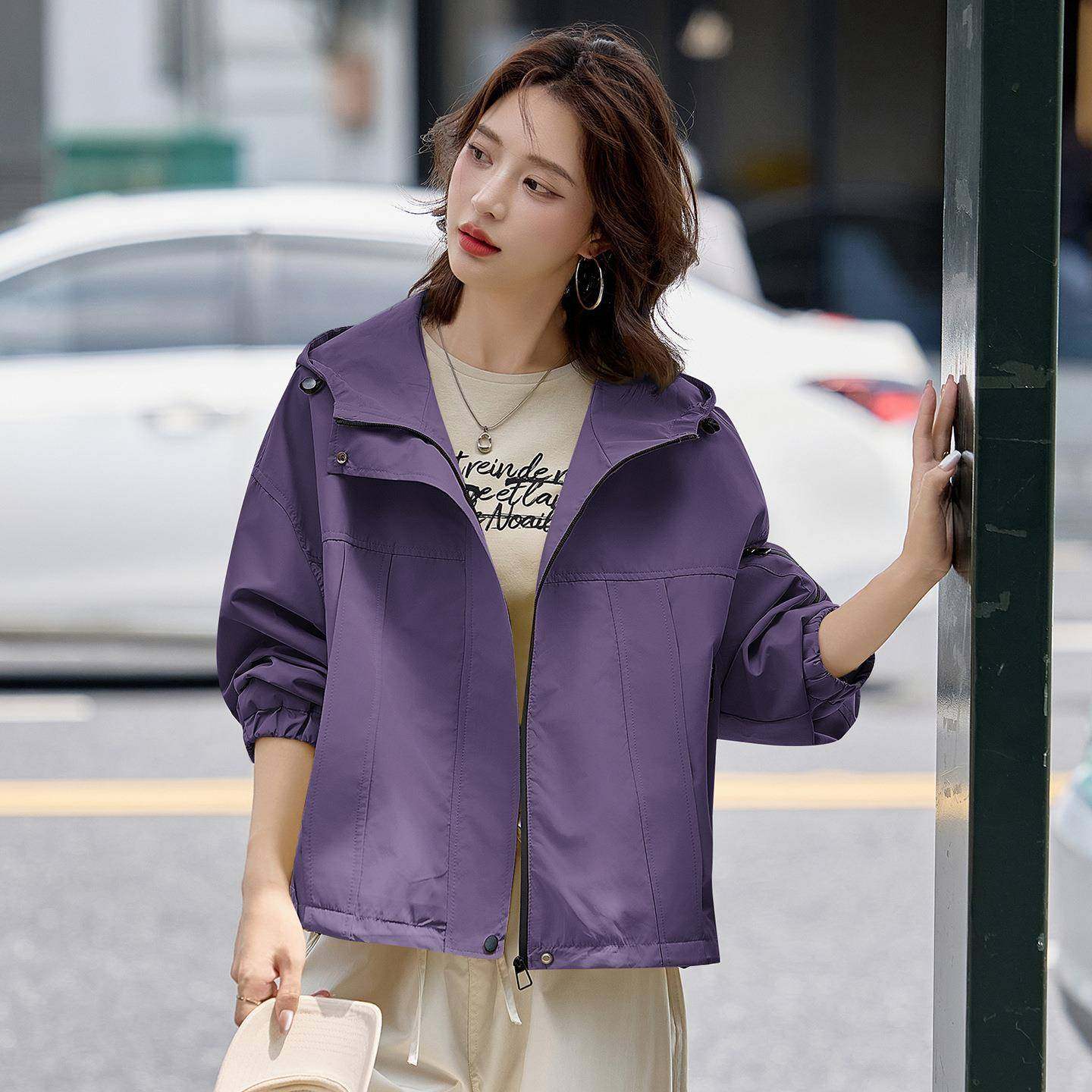 装秋季新品女时尚搭简LU9055-0约连帽上衣百宽松休闲夹克外套