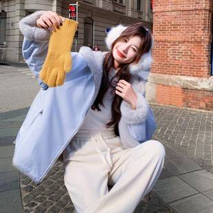 蓝灰色好两看减龄连帽派克女冬服新款 927羊羔 小穿个子加厚面C155