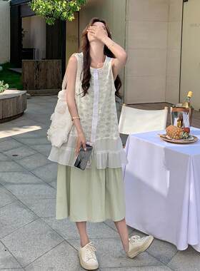 浅绿丝色蕾花2B213-26边背简心连衣裙套装女裙夏季新款约风吊带两