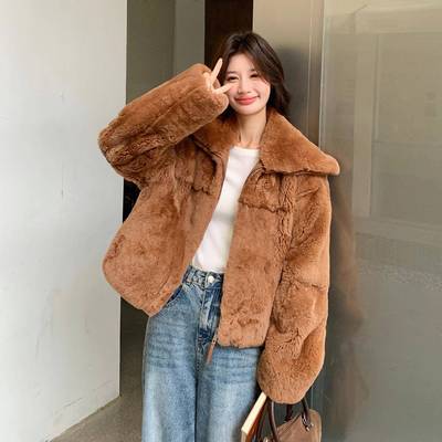 棕色美拉德毛领仿尚皮毛一体加外套c19-850女冬新款时轻大熟风厚