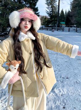 奶黄色绒绒袄女冬季年新款森ZZN210C系棉甜美加绒加厚棉衣毛服棉