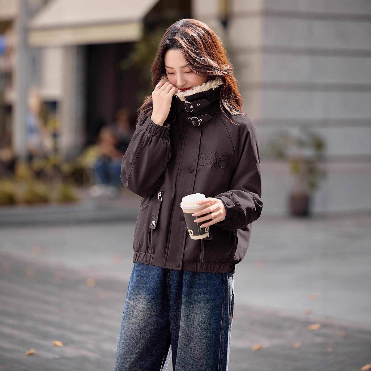 冬小季新OU6919-1款休百搭翻领个厚子休闲加绒加保闲暖外套女