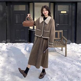 复感古韩系毛呢拼身接外套半裙b297 182两套女秋冬一整套穿搭高级