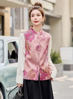 新中式提花马甲衬两件ZWEI2506春新款国女风盘扣马夹套衫装套叠穿