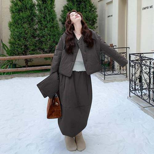 灰色韩版慵懒风闲棉套服装裙女冬季年新款C292-258棉衣半休身裙件