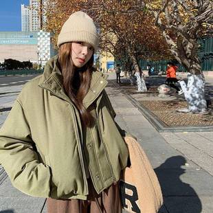 军绿色复古羽绒短绒服女款冬季新款小ZR2C298w个子立包领加厚白鸭