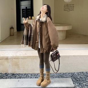咖色C158 格子接羊羔毛派克服冬季 休工装 超好看 602牛角扣 新闲款