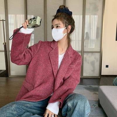 款呢套冬秋8271新品外火龙果色双面羊绒西短装款休闲大码女装外套