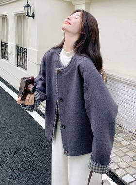 灰格子时拼接休闲风夹棉毛c182-M06呢外套女秋色冬季新款尚短呢子