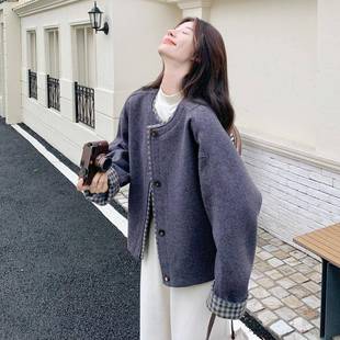 尚短呢子 新款 灰格子时拼接休闲风夹棉毛c182 M06呢外套女秋色冬季