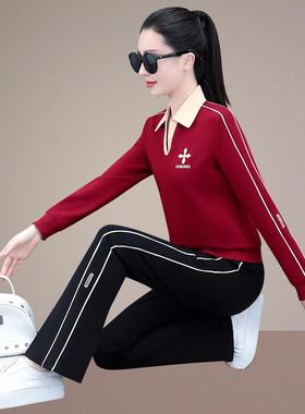 秋季新穿款套翻尚76061领两件套休闲大码外长袖长裤运动时女头士