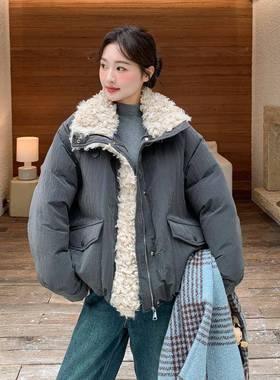 灰色羊外羔毛厚拼接羽绒服女短款冬款韩C016-905版加新保暖白鸭绒