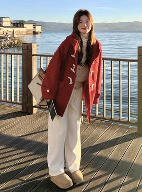 红色时尚洋气牛款角扣毛呢大套女短冬季新款韩系连帽加厚B260-59