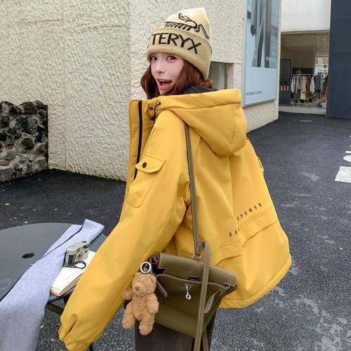 色工装风连绒冲锋衣保暖外套黄女帽冬季年新款2B115-88加加厚百搭