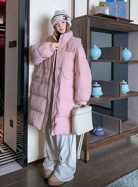 羽色收腰绒服女长c169-257款冬季新款韩版宽松加厚白鸭绒粉过膝外