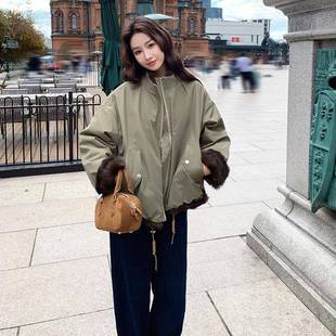 军绿厚色双穿派克服夹克短面外套c219 21冬仿皮毛一体加百女搭棒