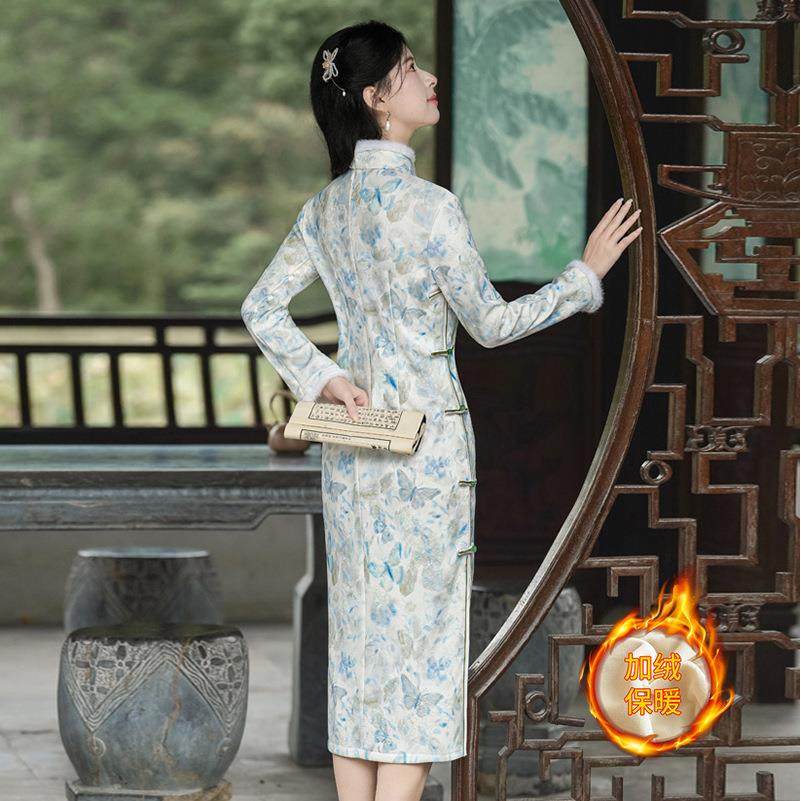 秋季新领款新中立玉兔提花LX2652-1冬一式字盘扣加绒旗袍连衣裙