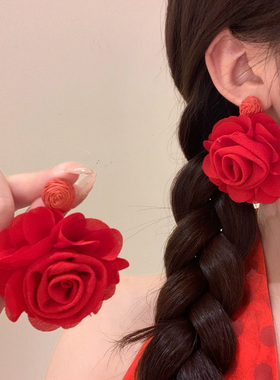 超仙氛围感红色花朵耳环女轻奢高级感小众独特耳钉度假风耳饰耳坠