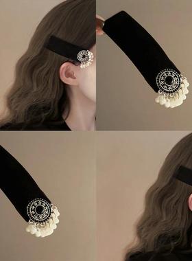 温莎古堡 新中式珍珠流苏丝绒发夹国风发饰女侧边夹刘海夹子发卡